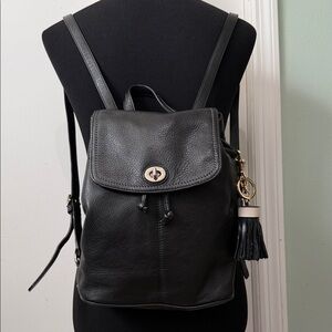 Coach Black Leather Turn-Lock Backpack with Tassel Charm